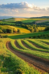 Fototapeta premium Rolling hills and cultivated fields creating a stunning landscape at sunset, vertical