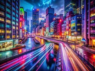 Obraz premium Night Photography Featuring a Brightly Colored Background with Vibrant Neon Lights and Stunning Cityscapes for Captivating Urban Scenes and Artistic Expressions