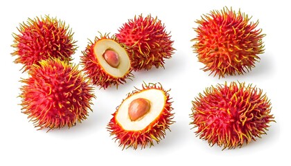 A set of Rambutan isolated on a white background. It includes whole,halved and slice, all with full depth of field. --ar 7:4