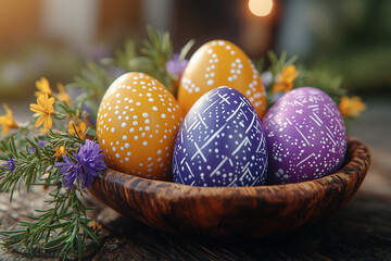 Fototapeta premium large wooden bowl with Easter eggs in it with colourful wildflowers