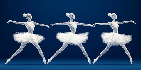 Three ethereal wireframe ballerinas in elegant poses, wearing textured tutus, set against a deep blue gradient background. The design conveys grace, symmetry, and artistic motion.