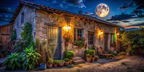 Fototapeta premium Night Photography of a Worn Facade of a Rustic House Bathed in Moonlight, Highlighting Textures and Shadows on Weathered Walls Surrounded by Nature's Serenity