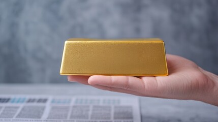 Person Holding Gold Bar in Hand with Newspaper Background, Symbolizing Wealth, Investment, and Financial Prosperity in Modern Economy