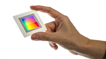a hand holding a colorful chip, a concept of digital technology and communication