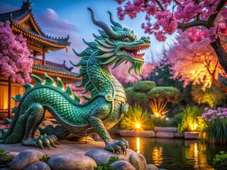 Obraz premium Night Photography: Serene Jade Dragon Statue in Blooming Chinese Garden