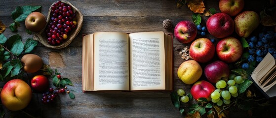 Harvesting knowledge an open book surrounded by fresh fruits on a rustic table nature's bounty cozy atmosphere