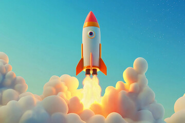 Rocket Launchingwith Fiery Exhaust and Cloudy Surroundings white background