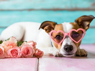A charming dog with heart-shaped sunglasses lies beside a bouquet of pink roses, showcasing a whimsical blend of playfulness and beauty.