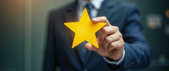 Businessman with a yellow star, symbolizing success, achievement and recognition on a blurred bokeh background.