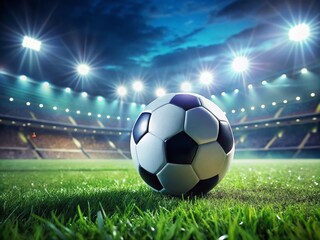 Fototapeta premium Night Soccer Field Closeup, Grass, Ball, Stadium Lights, Sports Photography, Soccer Ball on Grass, Night Game, Football Field, Sports Background