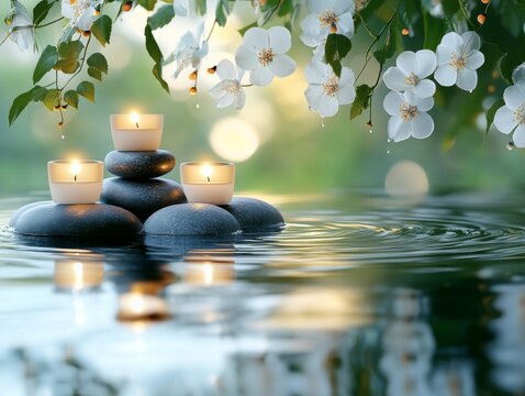 Wellness spa elements such as candles, stones and water ripples, cherry branch.