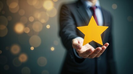 Businessman with a yellow star, symbolizing success, achievement and recognition on a blurred bokeh background.