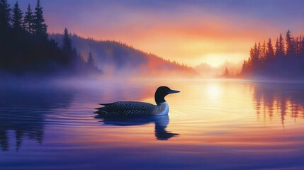 A loon glides serenely across a still lake at sunset. The warm hues of the sky are reflected in the calm water, creating a peaceful and picturesque scene.