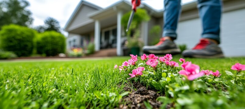 Close Up of Gardener Pruning Flowers in Sunny Backyard, Lush Greenery, and Gardening Tools