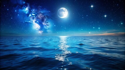 Ocean Night Surface Photography: Dark Blue Waves, Starry Sky Reflection, Calm Sea, Night Ocean Scene,  Seascape at Night, Dramatic Night Ocean