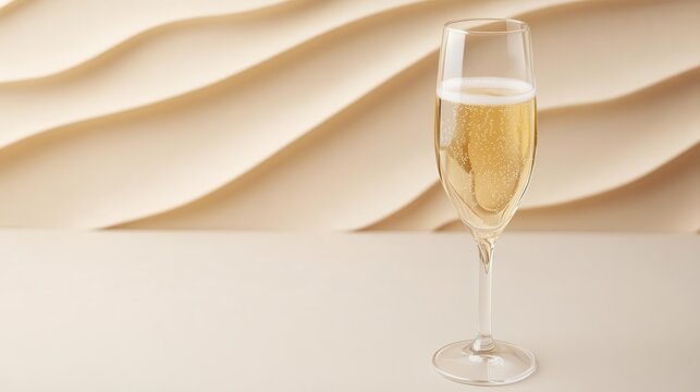 A glass of sparkling champagne on a festive table with golden decor, exuding celebratory vibes and joyous energy.