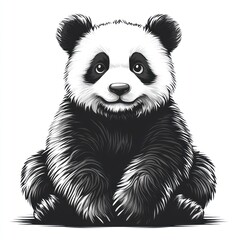 Obraz premium Adorable baby panda bear sitting, black and white illustration.