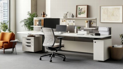 modern office workspace with ergonomic chair and desk