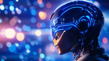 AI-Driven Humanoid Head with Digital Blue Line Patterns An advanced humanoid AI head, with a smooth, polished surface and sharp, angular features, is adorned with glowing blue line