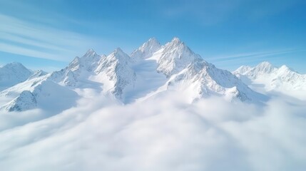 From a drone view, the snowy mountain range with sharp peaks and soft clouds appears majestic and isolated in its remote location.