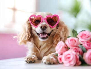 A playful dog wearing heart-shaped sunglasses sits happily beside a bouquet of pink roses, conveying joy and affection in a bright, cheerful setting.