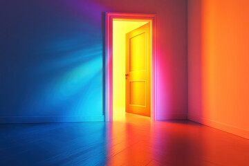A brightly lit door stands open, casting colorful light into a dimly lit room.