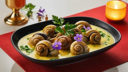 Delicious escargot dish served with garnish elegant setting gourmet cuisine close-up view