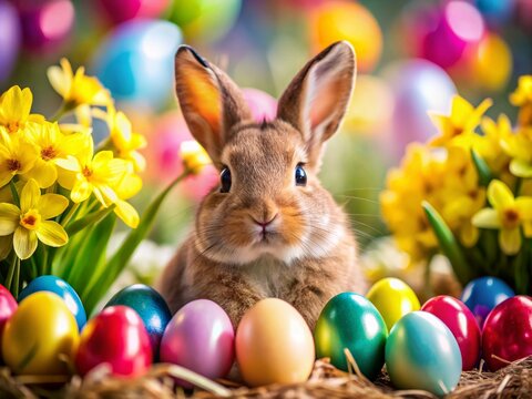Osterhase Nahaufnahme: Bunte Eier, Fr&ouml;hliche Osterdeko, Drone Fotografie