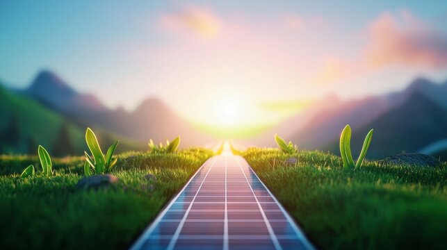 Train Environmental Sustainability Engineers inspecting solar panels on a hyperloop track, highlighting the maintenance and operation of sustainable energy systems.