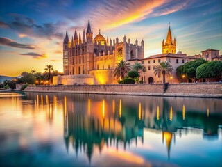 Obraz premium Palma de Mallorca Sunset, La Seu Cathedral, Long Exposure Photography, AI Generated Image