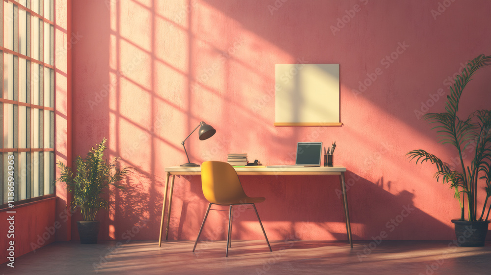 Poster stylish and minimalist workspace bathed in warm sunlight, creating a productive and inviting atmosph