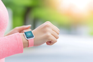 Woman wearing a smartwatch with a pink strap, tracking heart rate and steps, symbolizing health, fitness, and technology integration for an active lifestyle in a bright outdoor setting