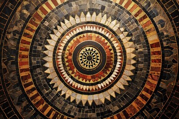 Fototapeta premium Mosaic pattern with circular shapes and intricate designs in shades of black, brown, reds, yellows, beige, white, and gold