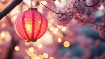 Fototapeta premium Chinese new year celebration in Asia. Pink, red and golden lantern on Japanese sakura tree for Lunar new year party. Background with glitter and bokeh lights. Cherry tree blossom