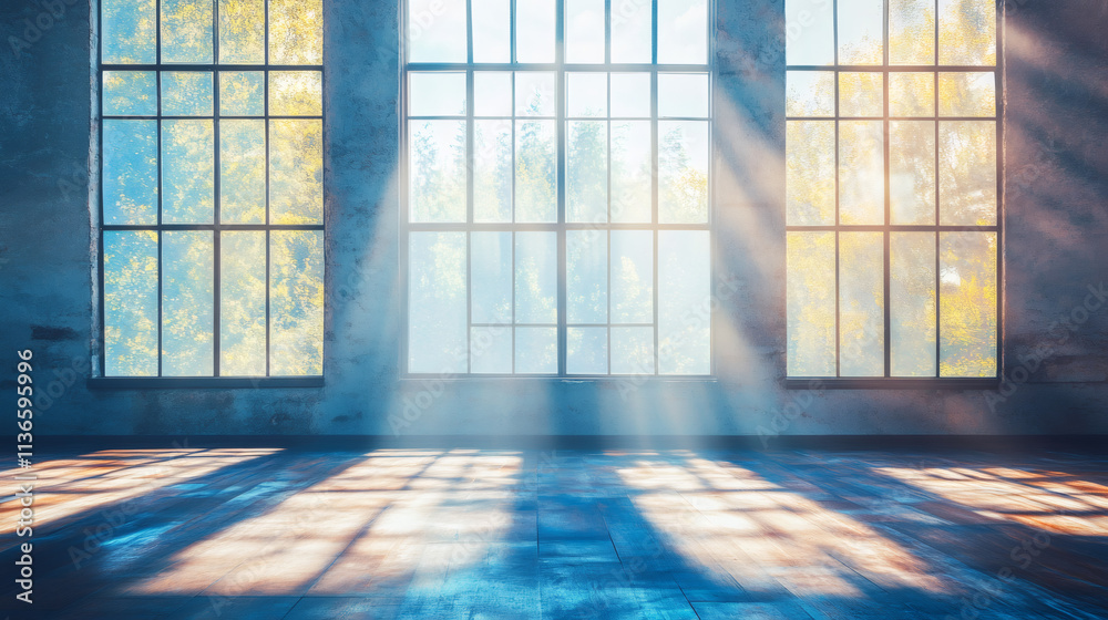 Poster Empty room with large windows and warm wooden floor illuminated by sunbeams creating a peaceful and bright ambiance