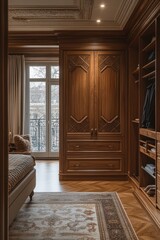 Luxurious walk-in closet with wooden cabinetry, parquet flooring, and a view.
