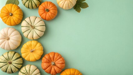 Obraz premium A festive autumn display of mini pumpkins and gourds arranged against a light green background