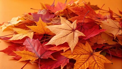 Fototapeta premium A vibrant collection of fallen autumn leaves, showcasing the changing colors of nature, from deep crimson reds to warm yellows and oranges, creating a beautiful display of fall foliage.