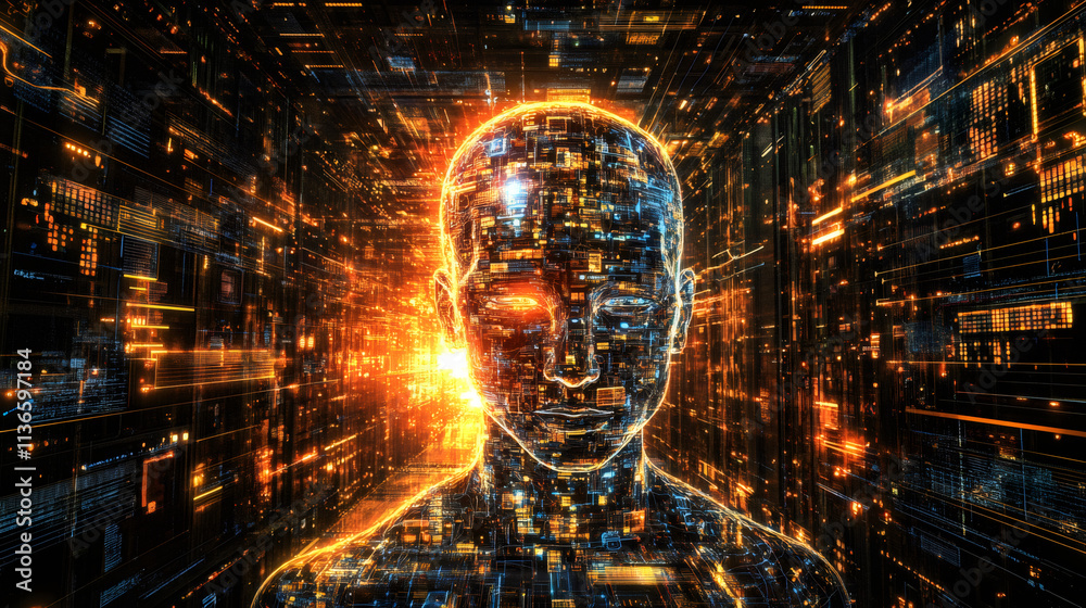 Aufkleber digital head in futuristic cyberspace: symbolizing the potential of artificial intelligence and data