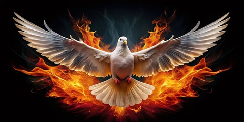 Panoramic Holy Spirit Dove Fire Wings Black Background - Christian Art, Religious Imagery, Spiritual Artwork