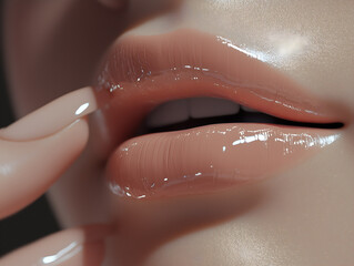 Obraz premium An artistic close-up of glossy lips adorned with a natural nude lipstick. The soft lighting highlights the smooth texture, gloss, and elegance, evoking beauty, femininity, and sensuality.