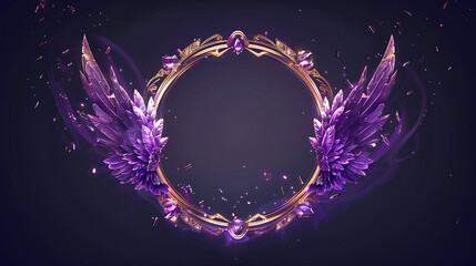 purple and gold circular avatar frame with angel wings on the left, dark background, game style UI icon design, parkling gemstones embellishments