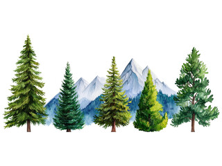 Obraz premium A Lush Mountain Landscape Featuring Diverse Evergreen Trees and Majestic Peaks in Background