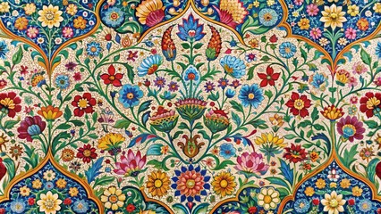Naklejka premium Panoramic Mughal Floral Chintz Pattern: Seamless Jaal Design, Colorful Traditional Indian Textile