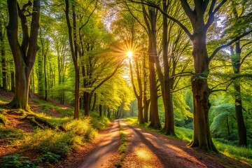 Obraz premium Panoramic North Downs Way: Chantry Woods Woodland Path, Albury, Guildford Hiking Trail Photography