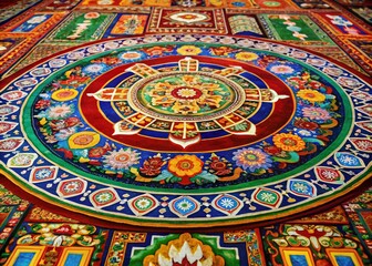 Obraz premium Panoramic Tibetan Rug: Spiritual Motifs & Traditional Craftsmanship - High-Resolution Image