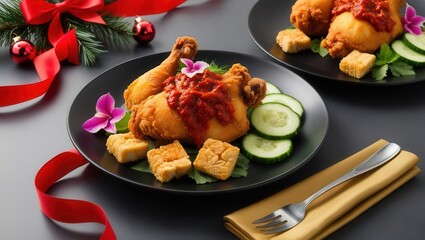 Festive fried chicken dinner with decorations holiday celebration food photography indoor close-up