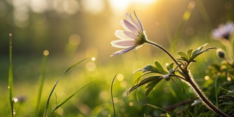 Obraz premium A single delicate white wildflower blooms in a meadow, bathed in the warm golden glow of the setting sun, highlighting the delicate beauty of nature's resilience