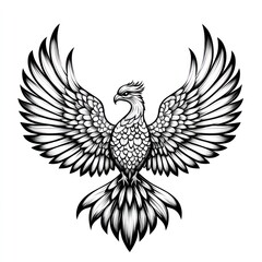 Obraz premium Majestic phoenix with wings spread wide, detailed black and white illustration.