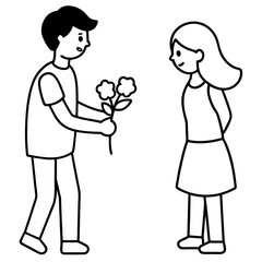 the boy is giving flowers to his girlfriend